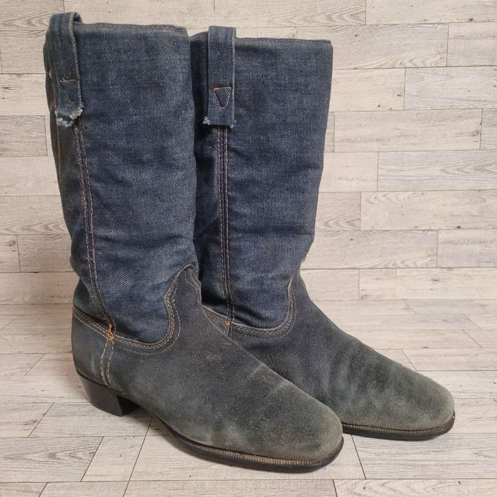 Women’s Vintage Dingo Western Blue Denim Suede Leather Cowboy Boots Size 7.5